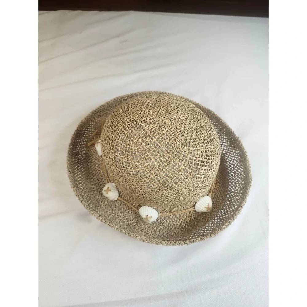 Woven Straw Beach Sun Hat with Seashell Detail Natural Tan Boho Summer Accessory